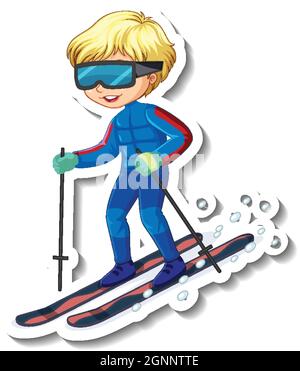 Sticker-Design mit einem Jungen Reiten Ski Cartoon Figur Illustration Stock Vektor