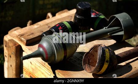 Britische PIAT Anti Tank tragbare Infanteriewaffe. Zweiter Weltkrieg. Stockfoto