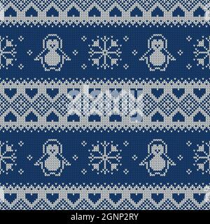 Nahtloses Strickmuster mit Pinguinen, Schneeflocken und Herzen. Winterpullover im Hintergrund. Vektorgrafik. Stock Vektor