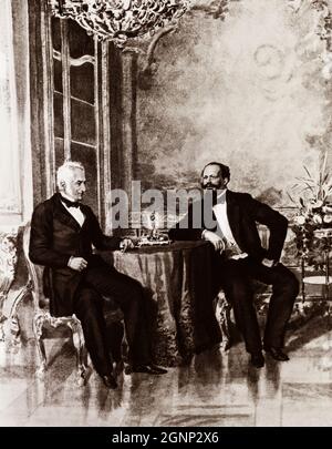 Victor Emmanuel II. Von Savoyen im Gespräch mit dem italienischen Schriftsteller Alessandro Manzoni, 1859, Gravur. Stockfoto