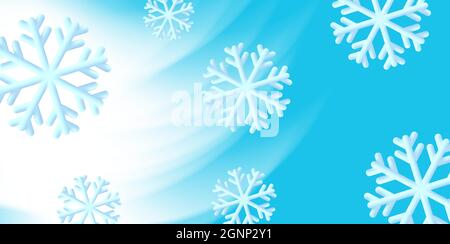 Winterhintergrund mit 3d-Schneeflocken und Frostwindkurve vor blauem Hintergrund Stock Vektor