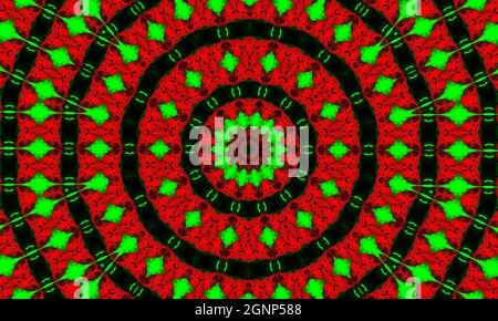 Kaleidoskop in den weihnachtsfarben Rot und Grün. Frohe weihnachten 2022 Muster Stockfoto