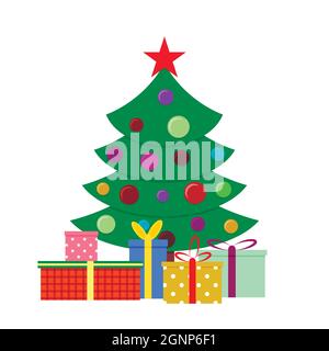 Weihnachtsbaum dekoriert farbigen Spielzeug mit Geschenken. Weihnachtsbaum mit Geschenk-Boxen für die Begrüßung Urlaub, Winter traditionelle Karte. Vektor neues Jahr grün tr Stock Vektor