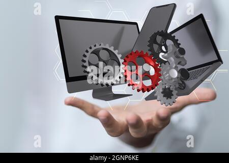 3d-Rendering von digitalen Computer-Binärdateien online und Zahnräder in der Hand mit weißem Hintergrund Stockfoto