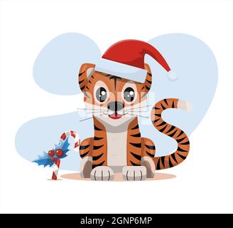 Niedlicher Vektor Tiger Happy Chinese Neujahr Grußkarte 2022 Tierurlaub Cartoon-Figur mit weihnachtssachen Stock Vektor