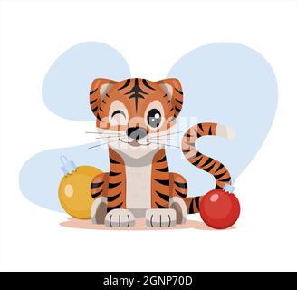 Niedlicher Vektor Tiger Happy Chinese Neujahr Grußkarte 2022 Tierurlaub Cartoon-Figur mit weihnachtssachen Stock Vektor