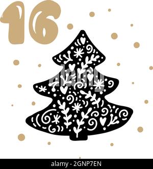 Weihnachts-Adventskalender mit niedlichen skandinavischen handgezeichneten Vektor. Winter Illustration der nordischen Tanne. 24 Tage vor dem Urlaub. Ethno Stock Vektor