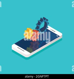 Mechanische Zahnräder auf dem Smartphone-Bildschirm isometrisch. Vektorgrafik Stock Vektor