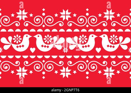 Weihnachten Volkskunst Vektor nahtlose Textilmuster, skandinavische, nordische festliche Muster mit Vögeln, Weihnachtsbäumen, Schneeflocken und Herzen in weiß Stock Vektor