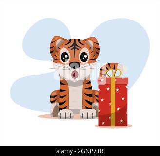 Niedlicher Vektor Tiger Happy Chinese Neujahr Grußkarte 2022 Tierurlaub Cartoon-Figur mit weihnachtssachen Stock Vektor