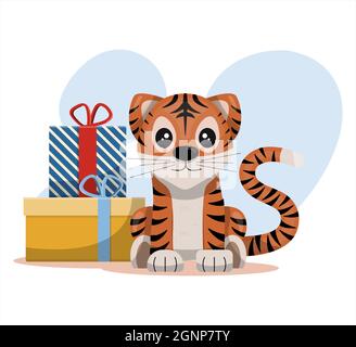 Niedlicher Vektor Tiger Happy Chinese Neujahr Grußkarte 2022 Tierurlaub Cartoon-Figur mit weihnachtssachen Stock Vektor