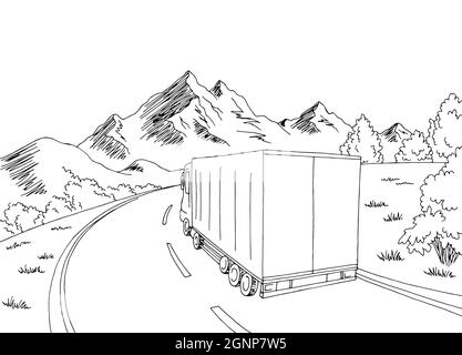 LKW fahren auf der Straße schwarz weiß Skizze Landschaft Illustration Vektor Stock Vektor