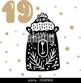 Weihnachts-Adventskalender mit niedlichen skandinavischen handgezeichneten Vektor. Winter Illustration des nordischen Bären mit Winterhut. Vierundzwanzig Tage zuvor Stock Vektor