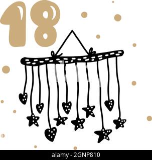 Weihnachts-Adventskalender mit niedlichen skandinavischen handgezeichneten Vektor. Winter Illustration von nordischen Herzen und Sternen. 24 Tage vor dem Urlaub Stock Vektor
