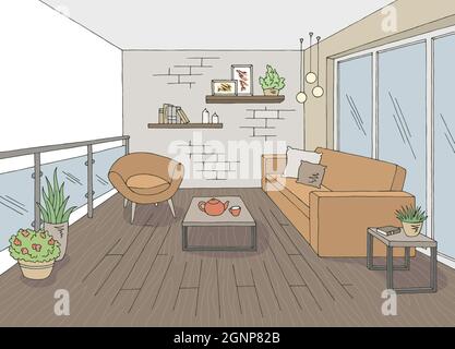 Balkon Grafik Farbe Innenraum Skizze Illustration Vektor Stock Vektor