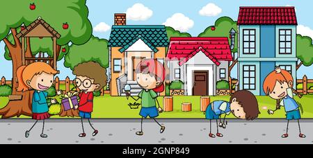 Outdoor-Szene mit vielen Kindern spielen im Park Illustration Stock Vektor