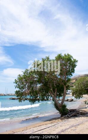 Sikinos Island, Griechenland Abgeschiedene kleine Insel Blick auf einen schönen Sandstrand an einem Sommertag Vertikale Aufnahme mit Kopierfläche Stockfoto