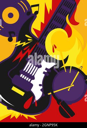 Rockmusik-Poster mit Gitarre und Trommel. Plakatmuster in flacher Form. Stock Vektor