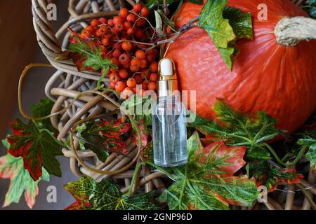 Bio natürliche Herbst kosmetische Öl Glasflasche mit Kürbis und fallenden Blättern Stockfoto