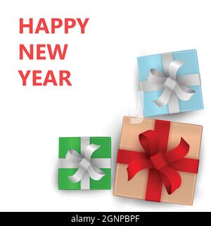 Banner mit Geschenkboxen gebunden Bänder auf weißem Hintergrund. Weihnachten Hintergrund. Vektorgrafik Stock Vektor