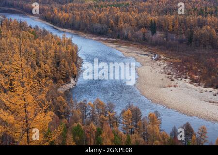 Herbstlandschaft am Fluss Chulman in Südjakutien, Russland Stockfoto