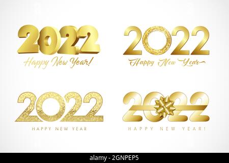 Großer Satz von 2022 goldenen Text Design 3d, Ring, Mosaik, elegante Schleife. Vektor glückliches neues Jahr Gruß Illustration mit Luxus Gold 20 22 Konzept Zahlen Stock Vektor