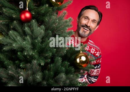 Foto Porträt Großvater versteckt sich hinter dekorierten Weihnachtsbaum isoliert helle rote Farbe Hintergrund Stockfoto