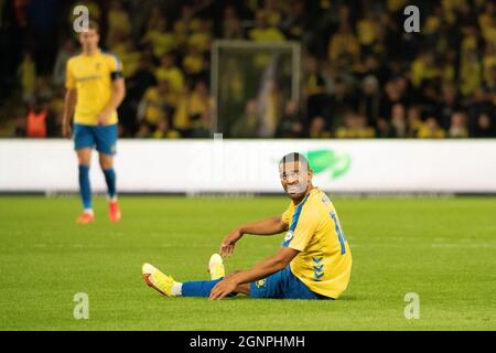 Brondby, Dänemark. September 2021. Kevin Mensah (14) von Broendby, WENN er während des 3F Superliga-Spiels zwischen Broendby IF und Aalborg Boldklub im Brondby Stadion gesehen wurde. (Foto: Gonzales Photo/Alamy Live News Stockfoto