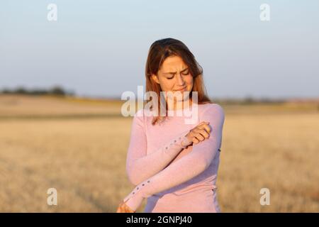 Gestresste Frau kratzt juckenden Arm auf einem geernteten Feld Stockfoto