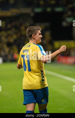 Brondby, Dänemark. September 2021. Mikael Uhre (11) aus Broendby IF punktet im 3F Superliga-Spiel zwischen Broendby IF und Aalborg Boldklub im Brondby Stadion. (Foto: Gonzales Photo/Alamy Live News Stockfoto