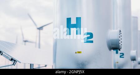 Wasserstoff-Energiespeicher-Gastank mit Sonnenkollektoren und Windturbine im Hintergrund. 3d-Rendering. Stockfoto