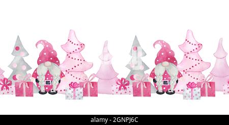 Aquarell Hand gezeichnet nahtlose Grenze mit rosa Weihnachtsgnomen, Neujahr Geschenke presents.Pastell nordisch skandinavischen Gnomen mit chritsmas Baum Schneeflocken, niedlichen Cartoon Charakter Winter-Design Stockfoto