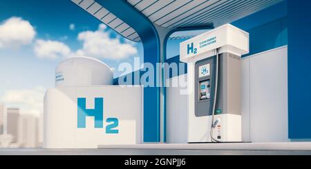 Konzept der modernen blauen und weißen Wasserstofftankstelle (H2) am Sommernachmittag mit verschwommener Stadt im Hintergrund. 3d-Rendering. Stockfoto