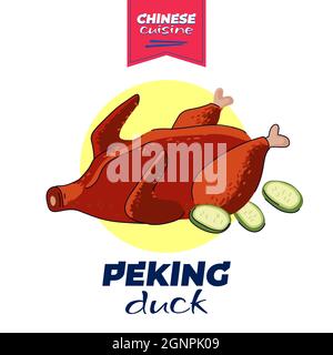 Chinesische Küche peking Ente Banner-Konzept. China Nationalgericht gebratenes peking würziges Fleisch. Asiatische Lebensmittel Vektor eps handgezeichnete Kunst Illustration für orientalische Café oder Restaurant Werbung Stock Vektor