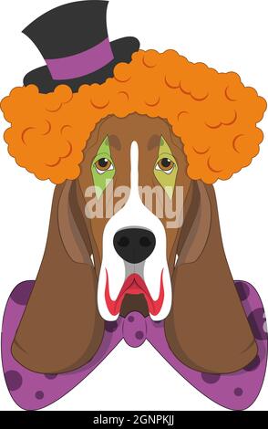 Halloween Grußkarte. Basset Hund als gruseliger Clown gekleidet Stock Vektor