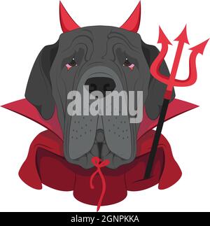 Halloween Grußkarte. Neapolitanischer Mastiff-Hund, gekleidet als Teufel mit roten Hörnern und Umhang und einem schwarzen und roten Dreizack Stock Vektor
