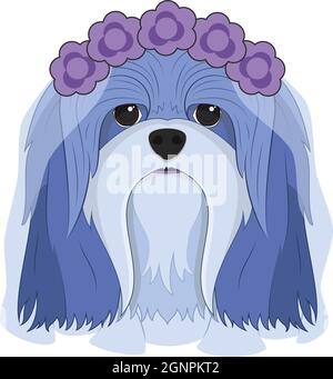 Halloween Grußkarte. Lhasa Apso Hund gekleidet wie ein Geist mit lila Blumen auf dem Kopf und einem Hochzeitsschleier Stock Vektor