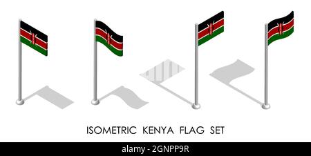 Isometrische Flagge der Republik Kenia in statischer Position und in Bewegung auf Fahnenmast. 3d-Vektor Stock Vektor