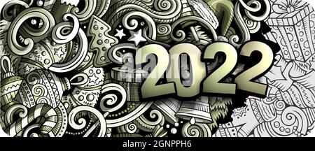2022 Kritzeleien horizontale Abbildung. Neujahrs-Objekte und Elemente-Poster Stock Vektor