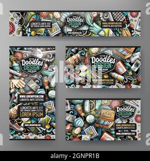 Cartoon-Vektor-Doodle-Satz von Travelling Corporate Identity-Vorlagen. Bunte lustige Banner, ausweise, Flayer für den Einsatz auf Branding, Einladungen, ca. Stock Vektor