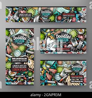Cartoon-Vektor-Doodle-Satz von Coronavirus Corporate Identity-Vorlagen. Bunte lustige Banner, id-Karten, Flayer für die Verwendung auf Branding, Einladungen, Stock Vektor