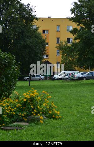 Wohnblocks, Autos auf dem Parkplatz und Bäume an einem bewölkten Tag. Zu leben. Stockfoto