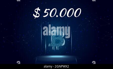 Bitcoin BTC polygonales Kryptowährungs-Token-Symbol mit einem Preis von 50000 Dollar, Münzsymbol auf dunklem Hintergrund. Logo-Symbol für Kryptowährung. Vektorgrafik Stock Vektor