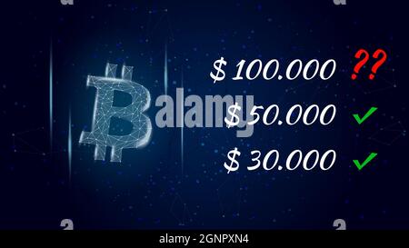 Kann Bitcoin BTC 100000 Dollar polygonales Kryptowährungs-Token-Symbol und Fragezeichen neben dem Preis, Münzsymbol auf dunklem Hintergrund treffen. Vektor-Abb. Stock Vektor