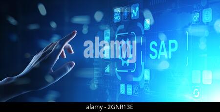 SAP – Software zur Automatisierung von Geschäftsprozessen. ERP Enterprise Resources Planungssystem Konzept auf virtuellem Bildschirm Stockfoto