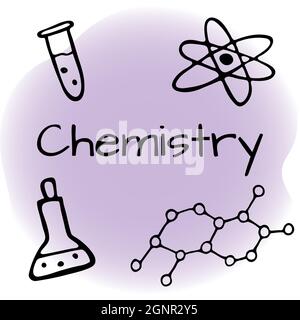 Handgezeichnetes Chemiedesign-Set. Vektorgrafik im Doodle-Stil auf farbigem Hintergrund isoliert. Stock Vektor