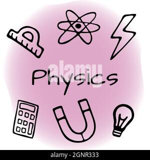 Handgezeichnetes Physik Design Set. Vektorgrafik im Doodle-Stil auf farbigem Hintergrund isoliert. Stock Vektor