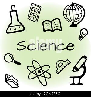Handgezeichnetes Science Design Set. Vektorgrafik im Doodle-Stil auf farbigem Hintergrund isoliert. Stock Vektor