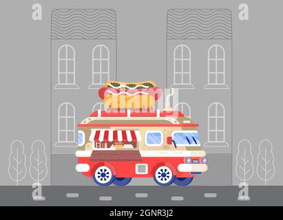 Vektorkonzept Food Truck. Auto mit großem Hot Dog. Street Truck für den Verkauf von Fast Food. Kleinbus mit Caf-Mahlzeiten in der Stadt. Stock Vektor