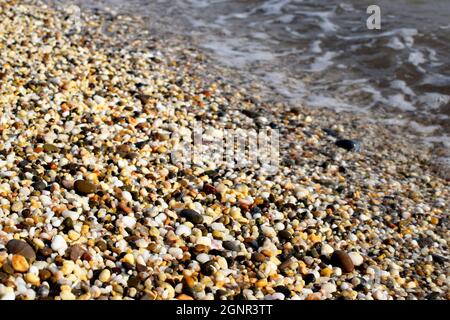 Natürliche Textur Hintergrund, bunte Seesteine im Wasser, Draufsicht Stockfoto